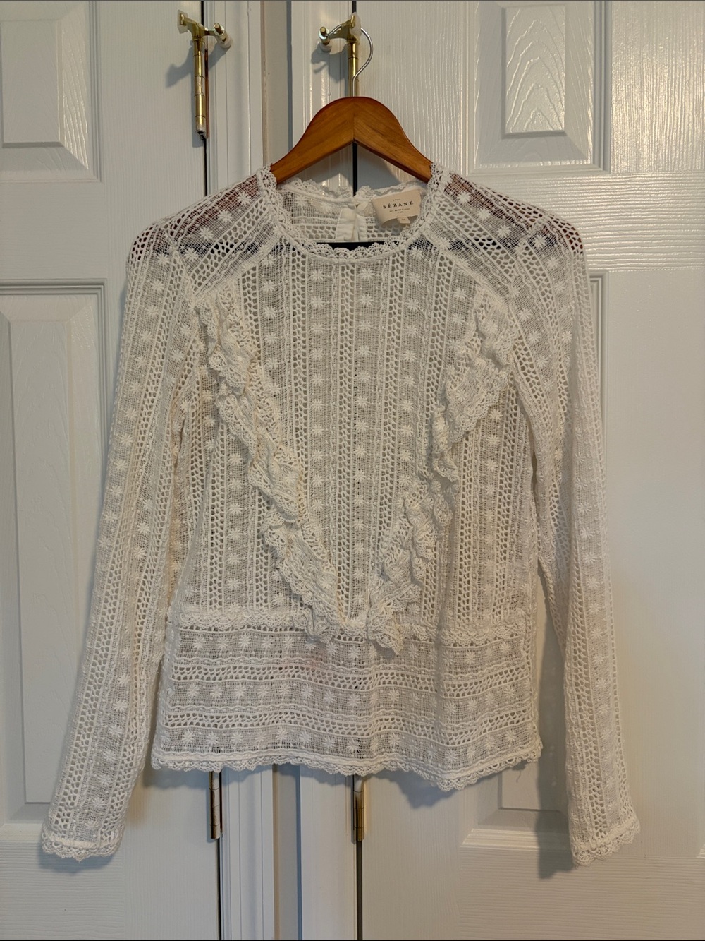 Sezane Ivory Crochet Lace Long-Sleeve Blouse